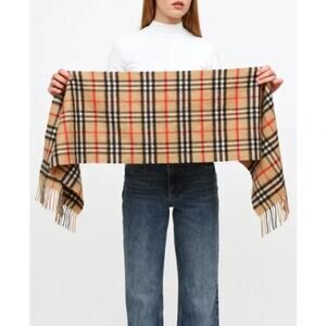 Burberry 100% Lambswool Scarf House Check Plaid‎ Full Length Fringe AUTHENTIC